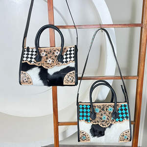 Elegant Design New Women Tote Bags <b>Large</b> Capacity Hand Tooled Checkered <b>Leather</b> Leisure Tote Bag Cowhide Crossbody Handbag <b>Purse</b> - Product Image 5