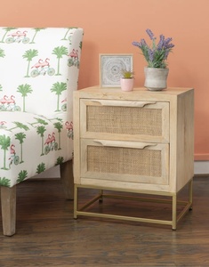 Solid Mango Wood Cane <b>Bedside</b> <b>Table</b> with <b>Gold</b> Metal Base Two Drawer Rattan Nightstand for Modern Boho Bedroom Decor - Product Image 1
