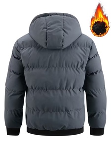 Men's Hooded Puffer <b>Jacket</b> Winter Warm <b>Thick</b> <b>Fleece</b> Lining Windproof Casual Zipper Closure Solid Color Gray Coat - Product Image 2