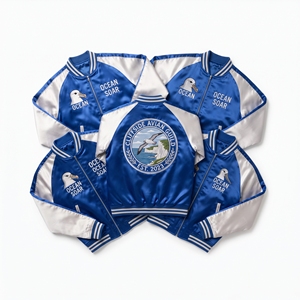 Wholesale B2B Supplier Navy Peach Satin Varsity Jacket Zip Up Custom Embroidered Driftwood Colony Guild Baseball <b>Coat</b> - Product Image 5