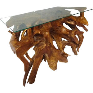 Mesa Consola Fina de Raíz de Teca de Alta Calidad, Única, Orgánica, Hecha a Mano, con Tapa de Cristal, Madera Sólida, Altura Ajustable, Mueble para Hotel - Product Image 1