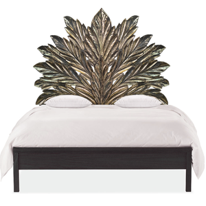 Cabecero de Cama King Size Tallado a Mano en Madera con Diseño de Hoja de Palma y Acabado Dorado Estilo Marroquí, Madera Sintética, Decoración de Estilo Tropical - Product Image 1