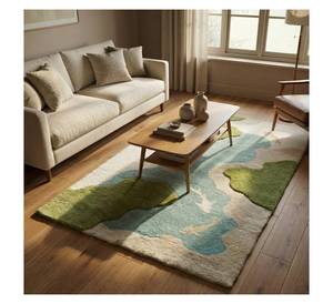 Tapis paysager à motifs lac et étang, tufté à la main, 100% laine de qualité supérieure ou un mélange laine-soie, tufté à la main - Product Image 3