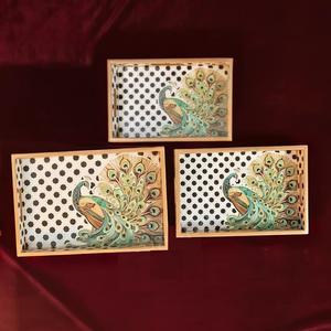 Juego de 3 bandejas rectangulares de madera impresas con diseño clásico, de calidad premium, duraderas y brillantes, bandejas decorativas de madera. - Product Image 1