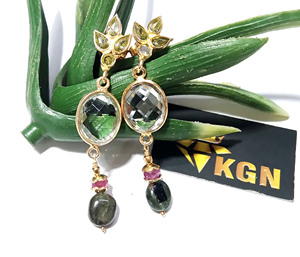 Boucles d'oreilles pendantes en argent sterling plaqué or 14 carats, style bohème, faites à la main, avec améthyste verte naturelle et multi-tourmaline, pour femmes - Product Image 3