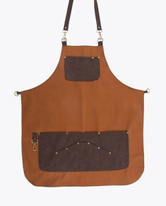 Delantal de Peluquería de Lona con Bolsillos de Cuero, Capa de Salón Marrón Resistente - Product Image 1