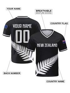 Camiseta de fútbol y rugby para hombre, cuello en V, manga corta, transpirable, sublimada, con nombre y número personalizados, diseño de hoja de helecho en blanco y negro - Product Image 1