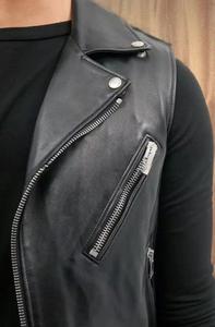 Unisex <b>Black</b> Genuine Leather Moto <b>Vest</b> Stand Collar Zipper Closure Slim Fit Solid Color Quick Dry Front Logo Autumn Style - Product Image 5