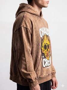 Sudadera con Capucha Personalizada para Hombre, Color Marrón, Lavado Ácido, Diseño Gráfico de Calavera Flameante Chaos Crew, Hombros Caídos, Felpa Gruesa, Estilo Urbano - Product Image 5
