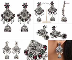 Large Quantity Brass Oxidized Silver Ethnic Indian Bollywood Jhumka Antique Pear Cut Bezel Setting <b>Crystal</b> <b>Studded</b> Women's - Product Image 4