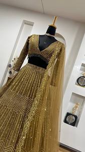 Gold Sequin Embroidered Lehenga Set V Neck Crop <b>Top</b> Net Dupatta Banarasi Style <b>Wedding</b> Party Dress - Product Image 2