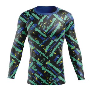 <b>Men's</b> Long Sleeve <b>Compression</b> <b>Shirt</b> Black Blue Marble Print Crew Neck Fitted Moisture Wicking Quick Dry Polyester Baselayer - Product Image 6
