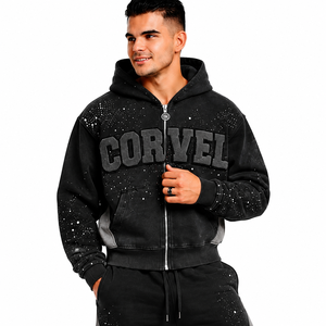 Ensemble jogging en molleton épais style hip-hop oversize noir avec strass, broderie chenille personnalisée et empiècements contrastants, comprenant un sweat à capuche court zippé - Product Image 3