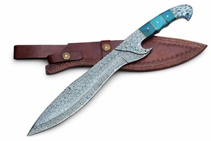 Couteau de chasse artisanal en acier Damas, lame à pointe tombante, bord droit, manche en os coloré, OEM - Product Image 6