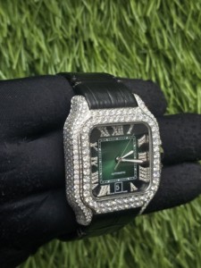 Reloj mecánico automático de lujo para hombre, caja rectangular, acero inoxidable, bisel de diamantes, esfera verde, correa de cuero, indicador de fecha - Product Image 3