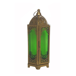 Lanterne suspendue hexagonale marocaine en métal bleu clair, avec anneau de finition en verre texturé vert et poignée, pour décoration de table - Product Image 6