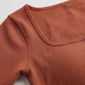 Women Brown Ribbed Long Sleeve Crop Top High Waist Leggings Yoga 2 Piece <b>Set</b> <b>Square</b> Neck - Product Image 4
