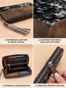 Vintage Cowhide Pattern Leather Zipper <b>Wallet</b> Long Bifold Clutch Tassel Card <b>Holder</b> for Women - Product Image 3