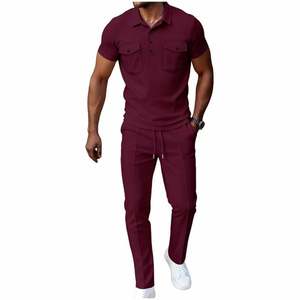 Ensemble décontracté 2 pièces pour homme : Polo à manches courtes et pantalon en coton gaufré 100% éponge 240 GSM, tricoté, tenue élégante avec poches - Product Image 4