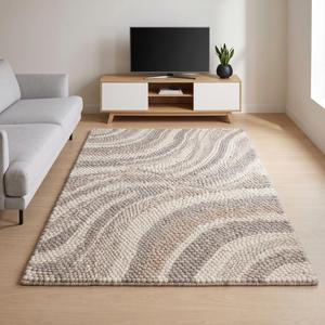 Tapis d'intérieur en laine à poils moyens, tissé à la main, couleur unie crème gris beige, antidérapant, décoration minimaliste moderne pour la maison - Product Image 6