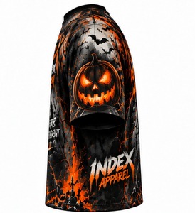 Camiseta de Manga Corta con Estampado de Calabaza y Murciélago de Halloween para Hombre, Corte Regular, Cuello Redondo, Tejido de Punto, 100% Poliéster, Marca Index Apparel - Product Image 2