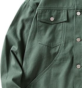 Men's Green Denim Jacket Casual Button Front Solid Color Regular Fit Autumn Breathable 100% Cotton Woven Topstitch - Product Image 5
