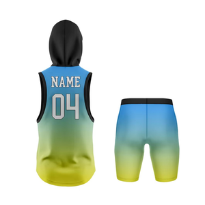 Ensemble de football 7v7 dégradé jaune : Haut sans manches à capuche et short de compression, personnalisable par sublimation, équipement d'équipe OEM - Product Image 2