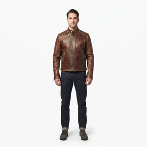Blouson Moto Homme en Cuir de Cheval Style Café Racer Vieilli Cognac Sashiko Streetwear Étiquette Personnalisée OEM - Product Image 1