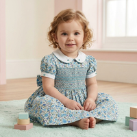 Robe d'été plissée trapèze pour filles, 100 % coton, faite main, motif floral bleu, col Peter Pan, manches bouffantes, longueur genou