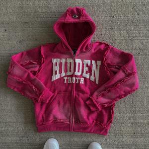Sudadera con capucha verde desgastada con cremallera para hombre y mujer, con estampado de letras, pedrería y borde sin rematar, en varios colores. - Product Image 3