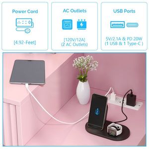 5-Drawer 2-Tiered Pink Particleboard Dressing Table Set Melamine Finish 11 Three-Tone Light Bulbs Power Strip <b>Makeup</b> <b>Vanities</b> - Product Image 3