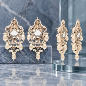 Silver Plated Mirror Style Chandelier Earrings with Faux Pearl Drops <b>Pakistani</b> Wedding <b>Jewelry</b> - Product Image 1