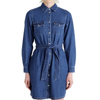 Robe chemise en jean de haute qualité pour femme, avec dentelle et fronces, style décontracté, ceinturée, boutonnée, style western, silhouette trapèze, taille élastique