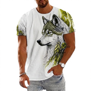 T-shirt à manches courtes pour homme en coton imprimé loup, col rond, coupe classique, motif animal, tissu jersey respirant - Product Image 4