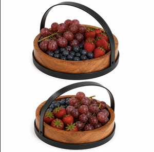 Tazón Redondo de Madera para Servir con Asa de Metal, para Frutas, Aperitivos, Frutos Secos, Nueces, Entradas y Decoración de Mesa - Product Image 4