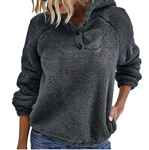 Womens Olive Green Color Fleece <b>Sherpa</b> Hoodie Button Up Pullover Sharpa Hooded with Kangaroo Pocket Winter Fluffy Fur <b>Hoodies</b> - Product Image 3