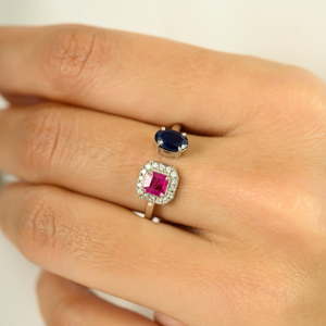 18K White Gold Toi Et Moi Ruby Sapphire Halo Diamond Ring - Product Image 1