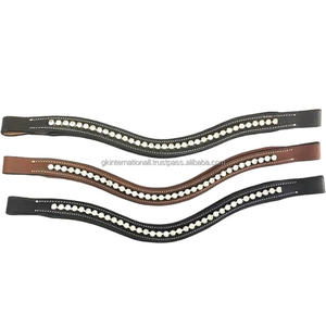 Top Trending Empty Channel Padded Leather Horse Brow Band Inlaid White Silver Round Crystals <b>Glass</b> <b>Chain</b> Fancy Brow Band - Product Image 3