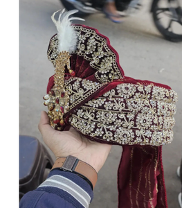Royal Maroon Velvet Groom Turban with Embroidery Indian Wedding Pagdi 55cm for Men - Product Image 3