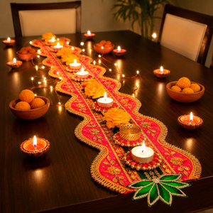 Camino de mesa rosa con diseño de loto para Diwali, con portavelas y encaje dorado, para mesa de comedor, bodas, decoración del hogar y festivales. - Product Image 3