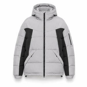 Hot Sale Stand Woven Hooded Puffer <b>Jacket</b> Casual Winter Streetwear Contrast Panels Custom Logo Embroidery Service Full Front - Product Image 1