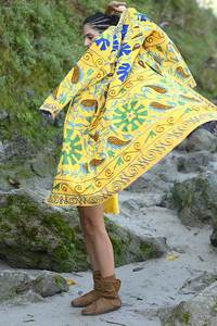 Ethically Handcrafted Yellow <b>Boho</b> Women Suzani Embroidered Long Jacket With Side Pockets Casual Outings Relaxed Fit Ladies Coat - Product Image 4