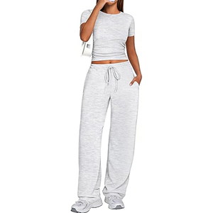Women's Comfortable Solid Lace up Short Sleeve Cotton Drawstring Loose Fit T-Shirt and Sweatpants <b>Set</b> - Product Image 1