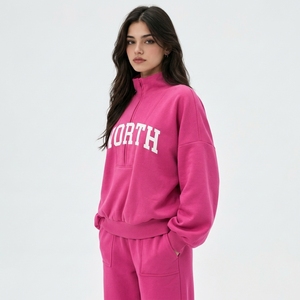 Sweat-shirt décontracté surdimensionné pour femme avec broderie de lettres, col montant, en polaire, demi-zip, poches avant, printemps automne hiver - Product Image 5