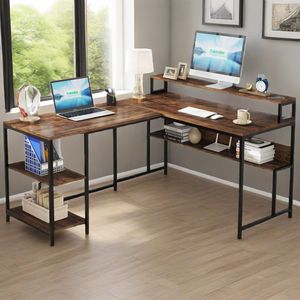 Scrivania a L Reversibile da 150 cm con 2 Supporti per Monitor e Libreria, Scrivania Angolare Profonda per Gaming e Uso Domestico - Product Image 1