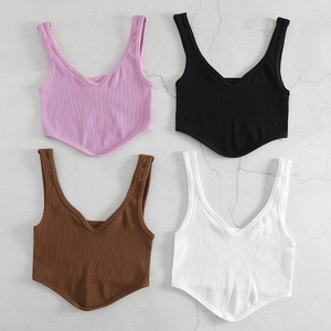 Débardeur court côtelé en maille pour femme, col en V profond, sans manches, couleur unie, décontracté, respirant, pour la gym - Product Image 2
