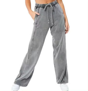 Breathable High Quality Custom Dyed Wide Leg Plus Size Gray <b>Women's</b> Acid Wash <b>Trousers</b> for <b>Women</b> wholesale rate cheap price - Product Image 1