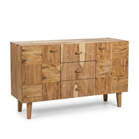 Buffet moderne en bois massif naturel, motif patchwork, 3 tiroirs, 2 armoires, console multimédia pour salon