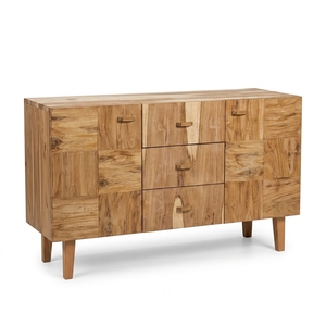 Buffet moderne en bois massif naturel, motif patchwork, 3 tiroirs, 2 armoires, console multimédia pour salon - Product Image 2