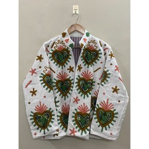 Veste en coton brodée à la main pour femme, col châle, manches longues, motif floral, devant ouvert, style Prairie Chic, manteau de printemps - Product Image 1